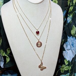 Guess Gold-Tone Layered Necklace with Red Heart & Butterfly Pendants